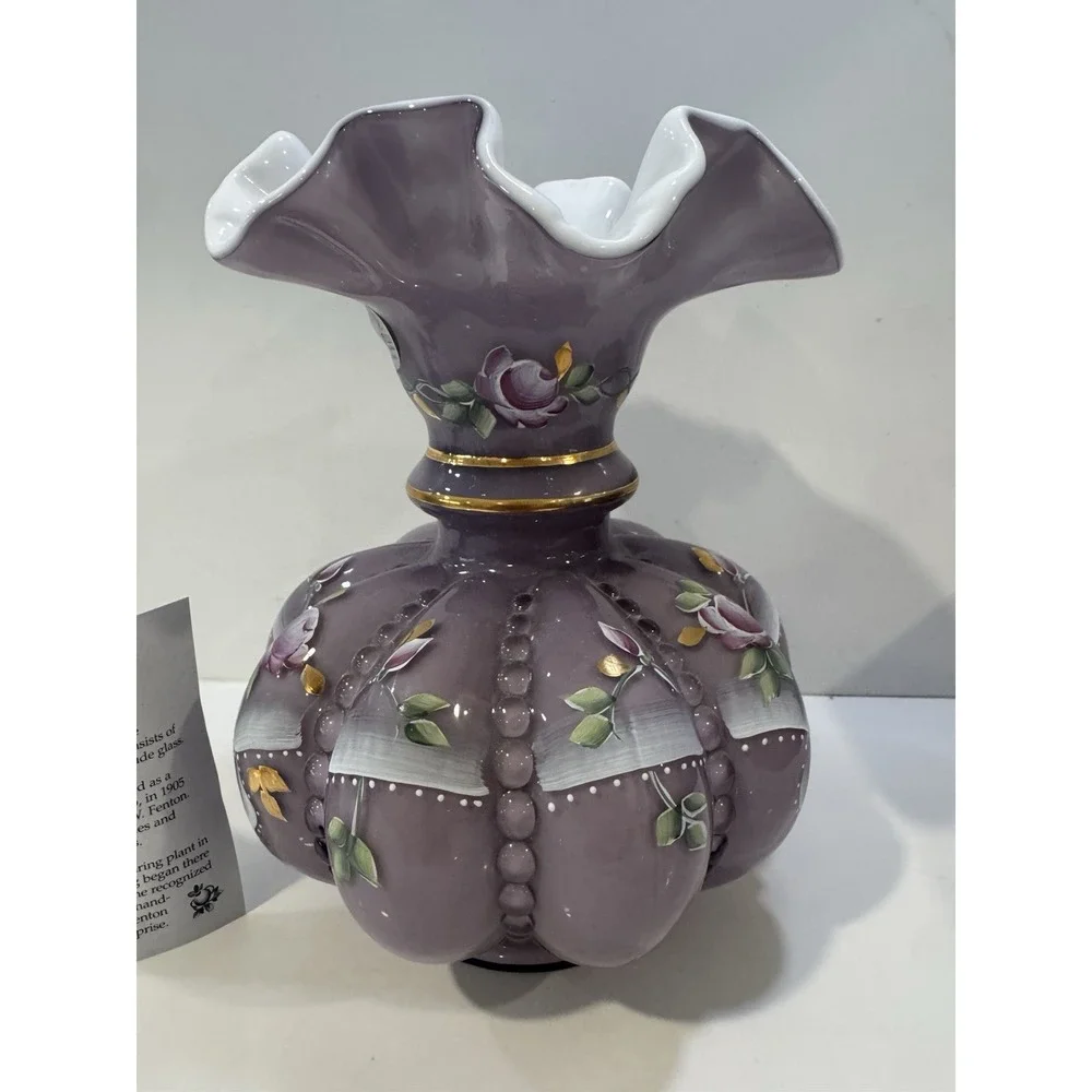 Fenton 2002 Charleton Violet Overlay Beaded Melon Vase Signed Hand Painted 8